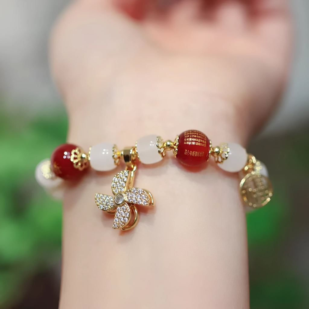 Women's Chinese-style coloured glaze bracelet with fugui safety lock and windmill glass charms