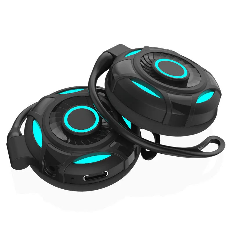 Black and white Bluetooth earphones with hanging ear design for gaming and music
