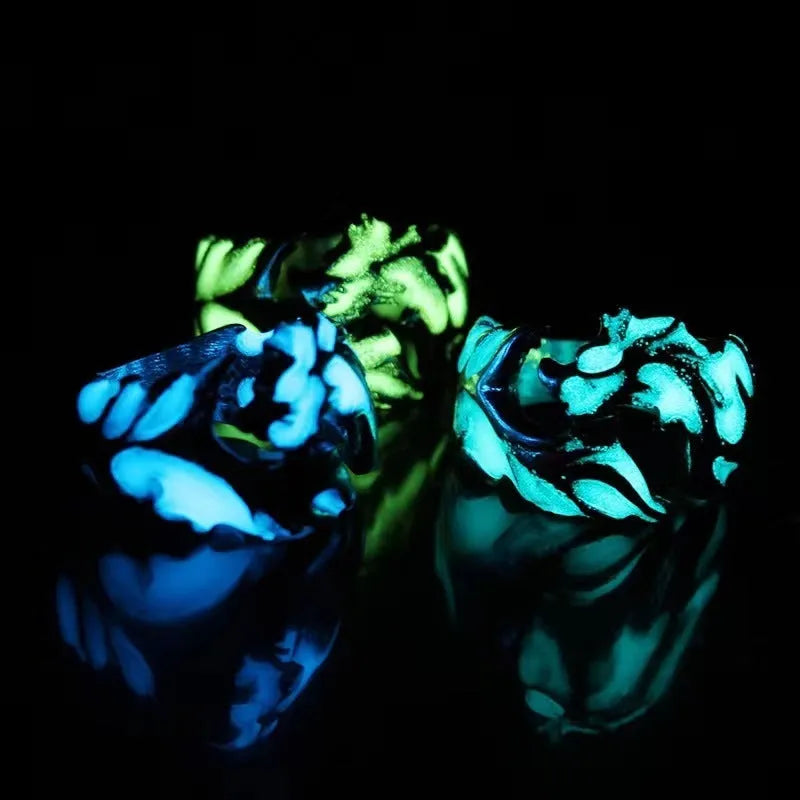 Adjustable Chinese dragon ring with luminous geometric design in antique silver blue and green colours