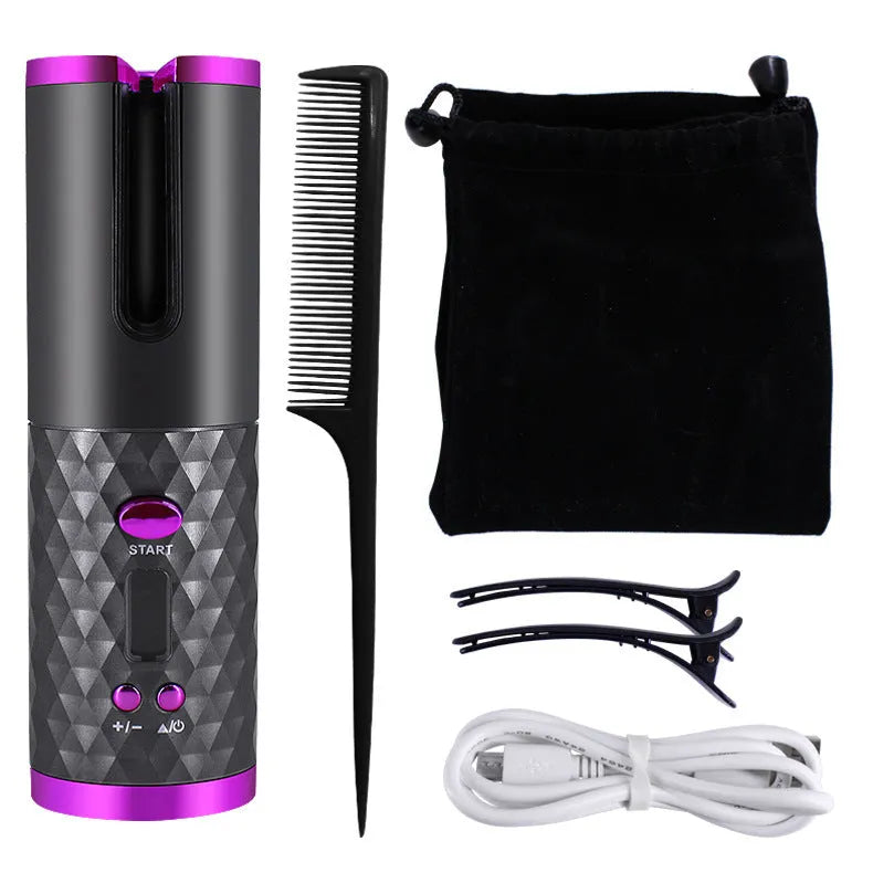 Pink rechargeable automatic hair curler with LCD screen and rotating ceramic barrel on a white background.