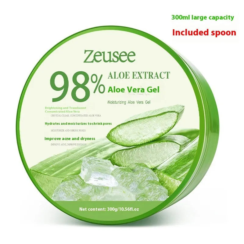 Jar of 98% or 99% aloe vera gel facial moisturiser with a spoon for acne control and post-sun repair.
