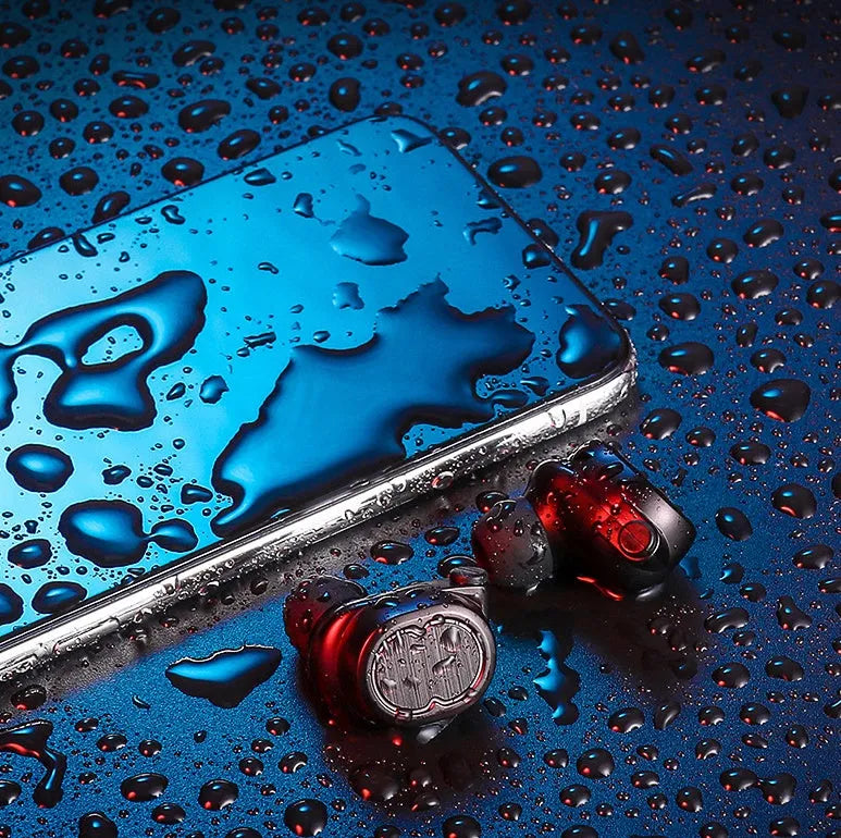 Touch control wireless Bluetooth earbuds in black, white, red, and blue colours showing earbud design.