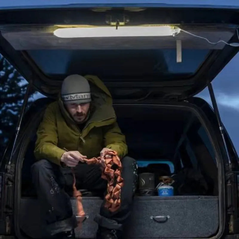 Blue inflatable camping lantern with USB charging, aluminium alloy body, 65cm or 85cm sizes, with drawstring pouch