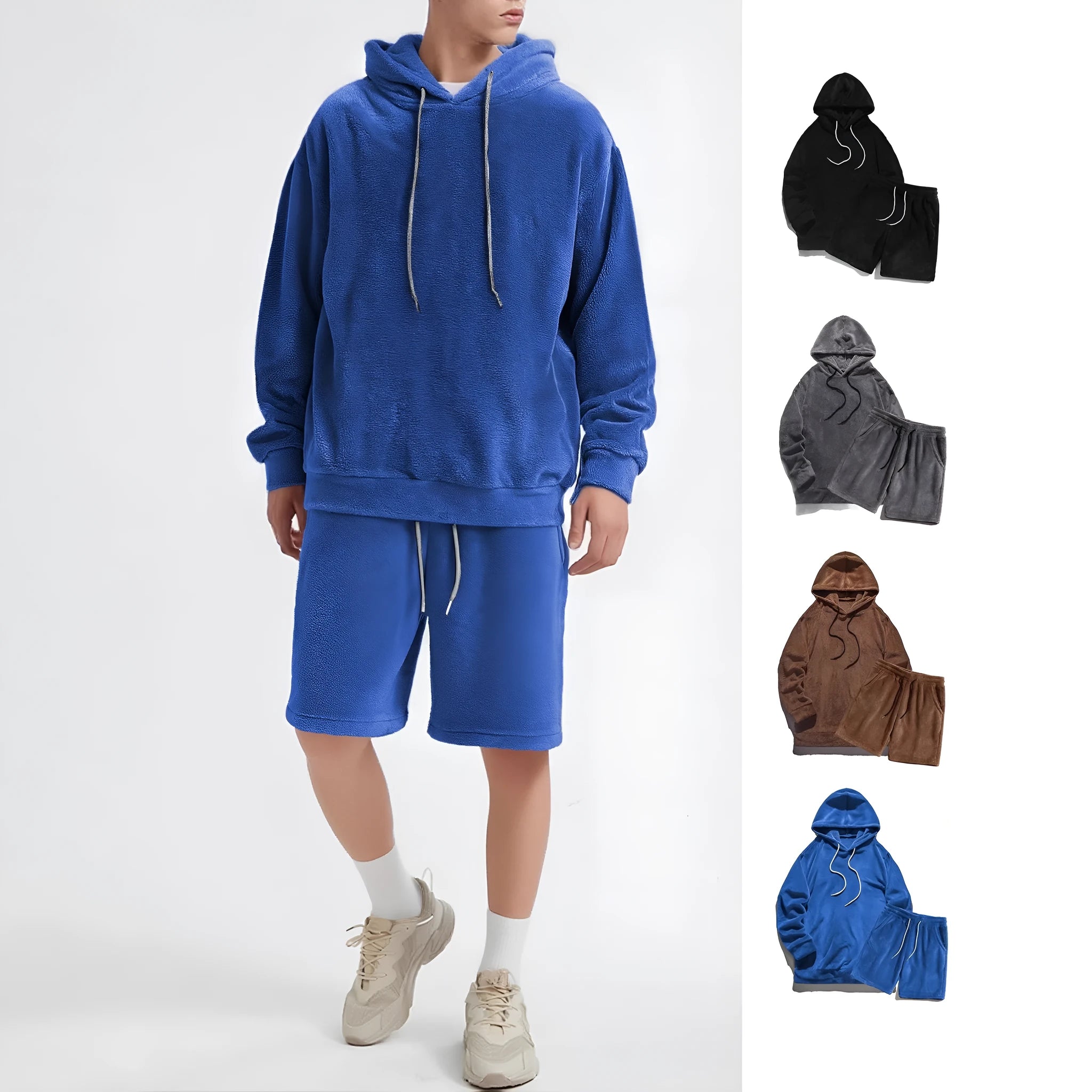 Plus size men's hooded coral fleece sweatshirt and shorts set in gray, 2XL size