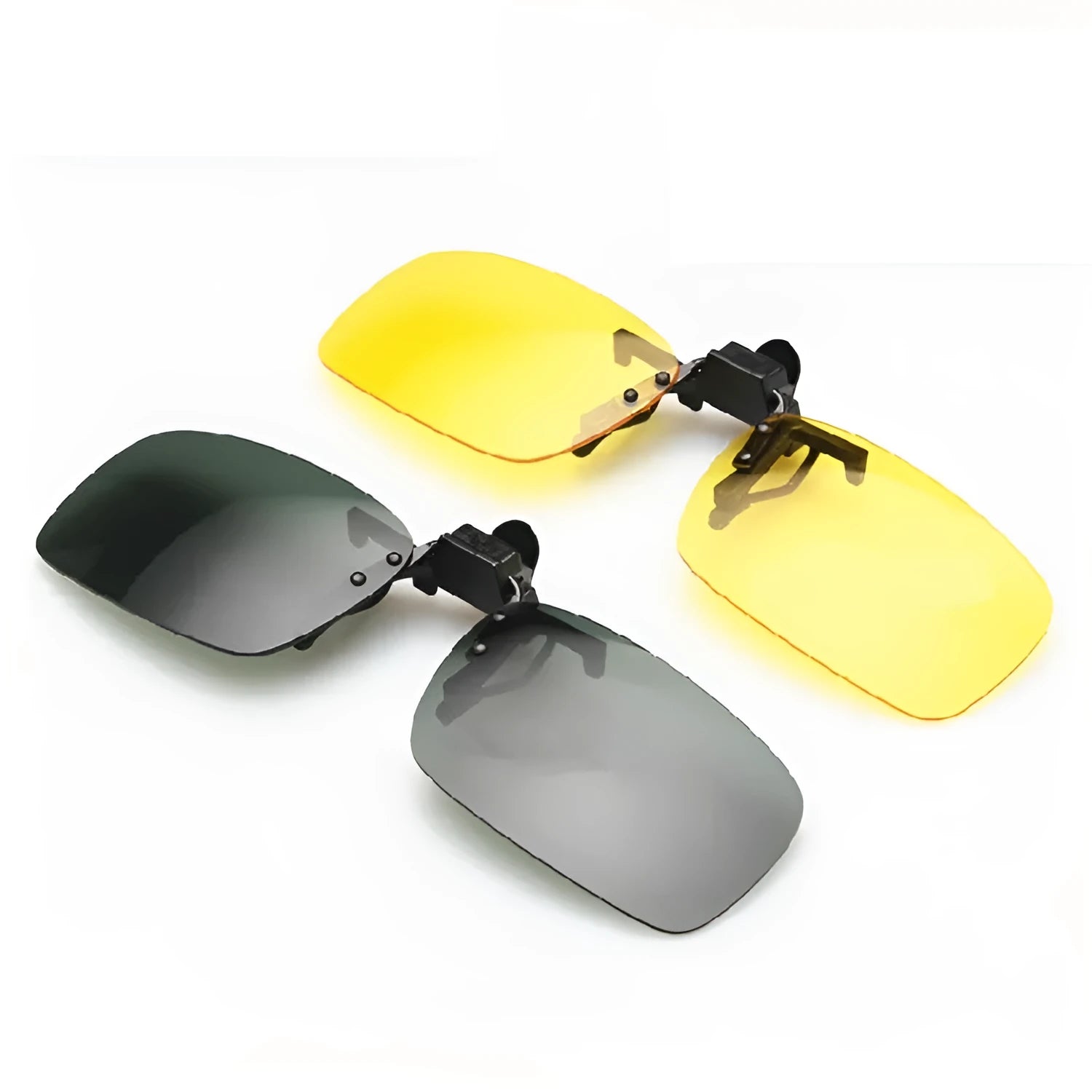 Clip-on sunglasses with polarised PC lenses attached to prescription glasses for driving
