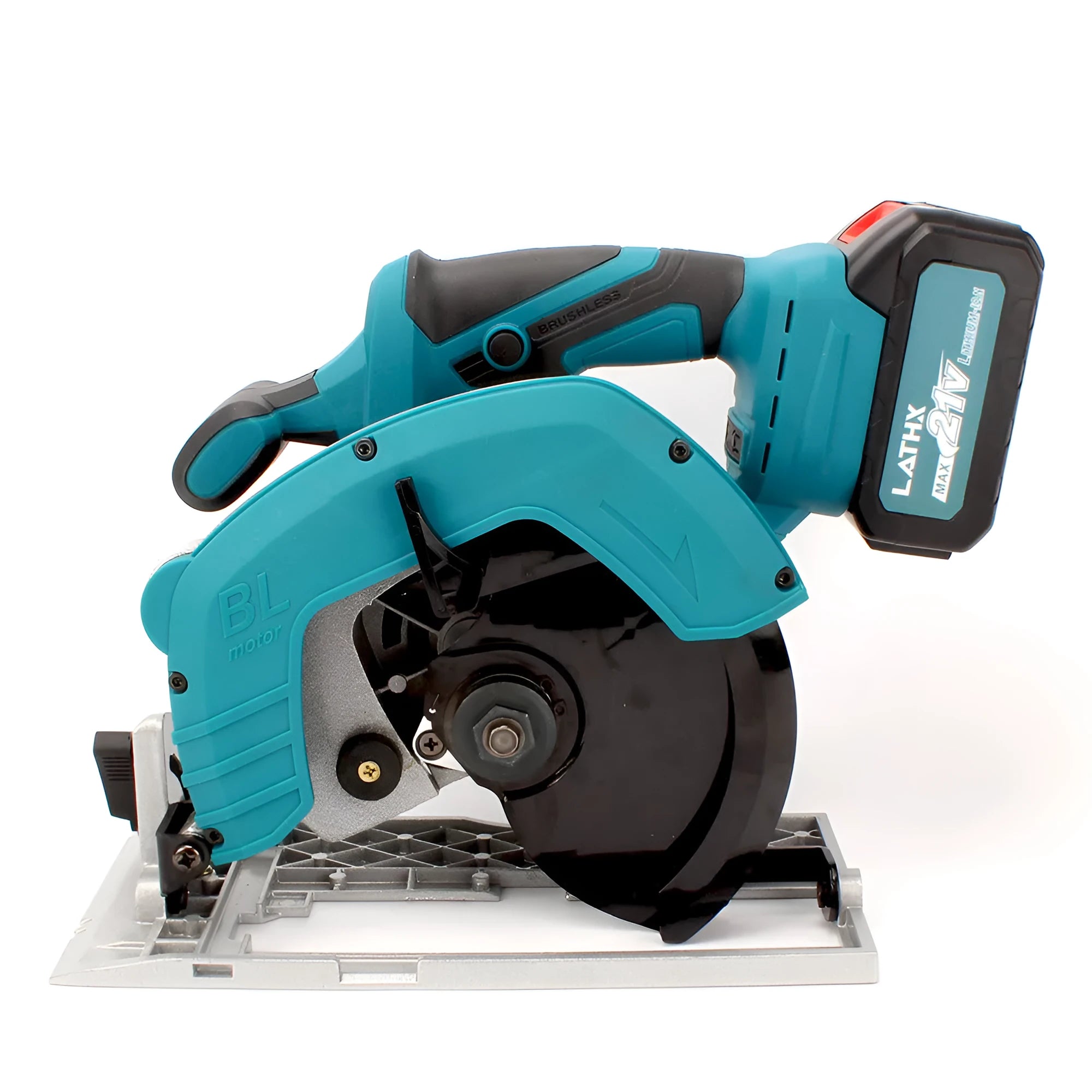 Lithium battery 7-inch electric circular saw with two batteries and charger on wooden workbench
