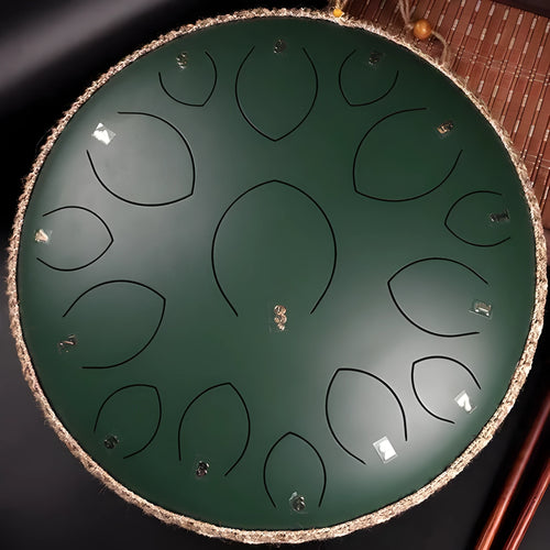 14-inch 15-tone hollow drum percussion instrument in malachite green finish on a wooden surface