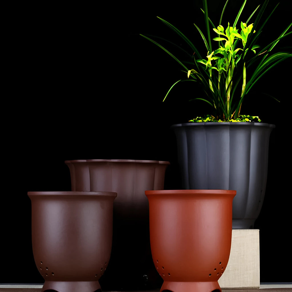 Round ceramic desktop flower pot with four drainage holes for phalaenopsis bonsai, black colour option