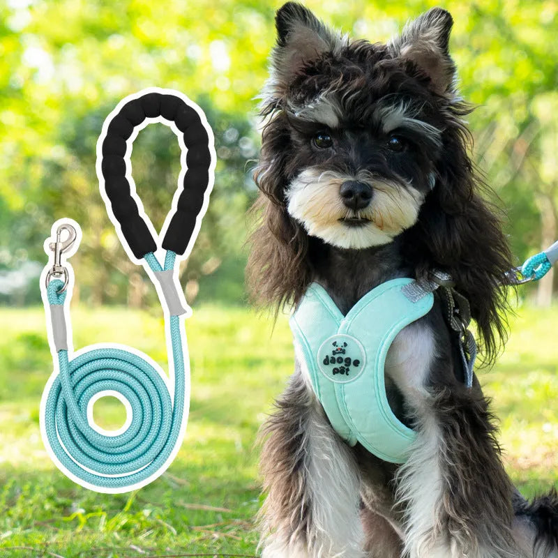 Blue polyester dog vest with an attached hand-holding rope for training.