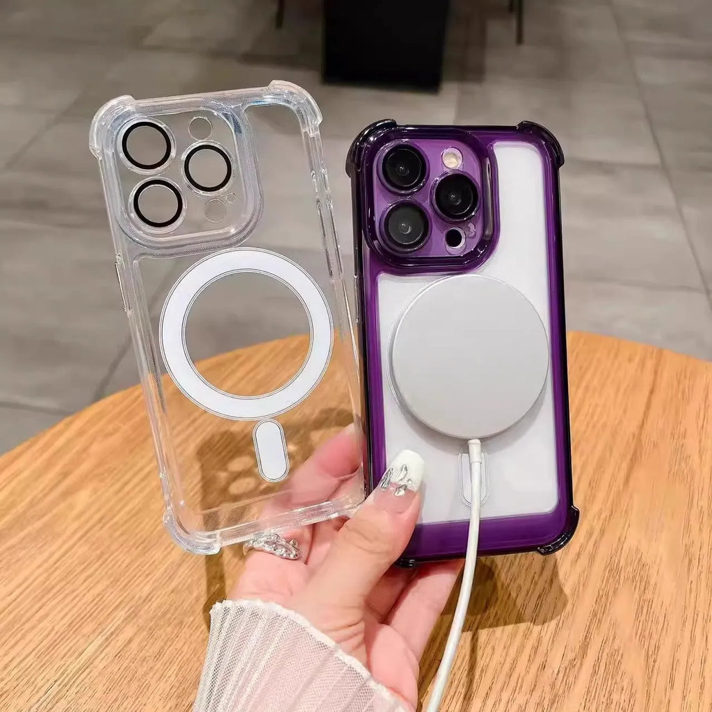 Transparent silicone airbag phone case for iPhone with magnetic ring and built-in camera lens protection.