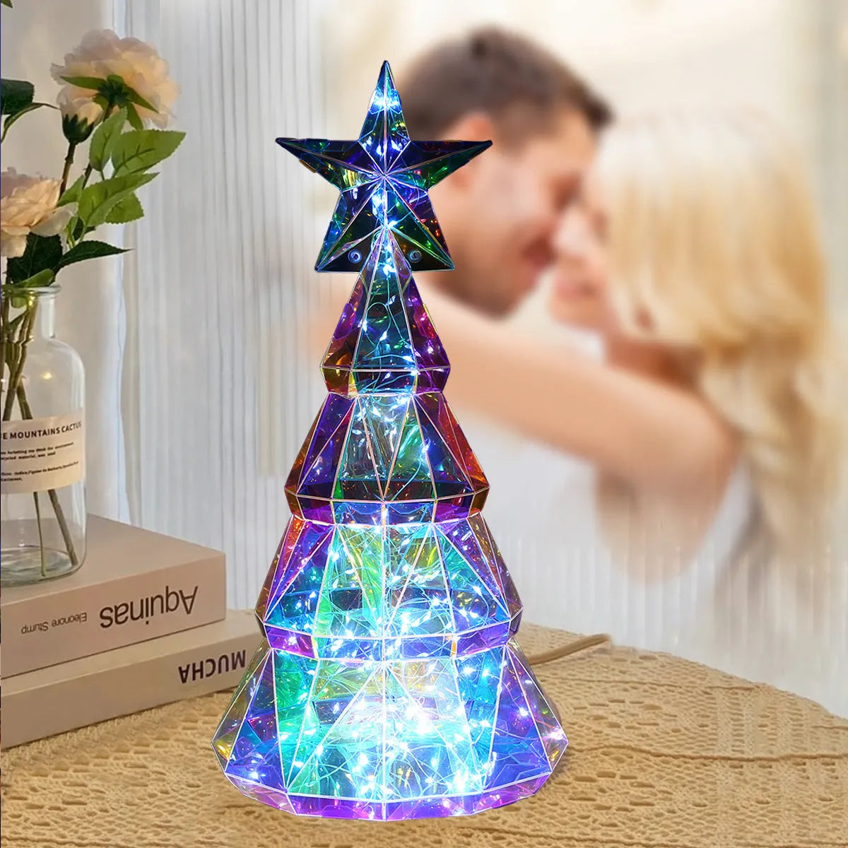 Colourful cartoon Christmas tree light decoration on a white background