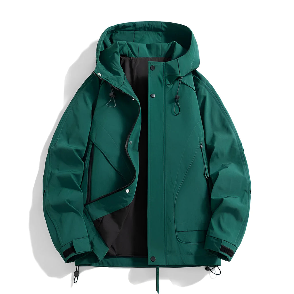 Loose fit windproof hooded jacket in rabbit fur modal fabric shown in phantom green
