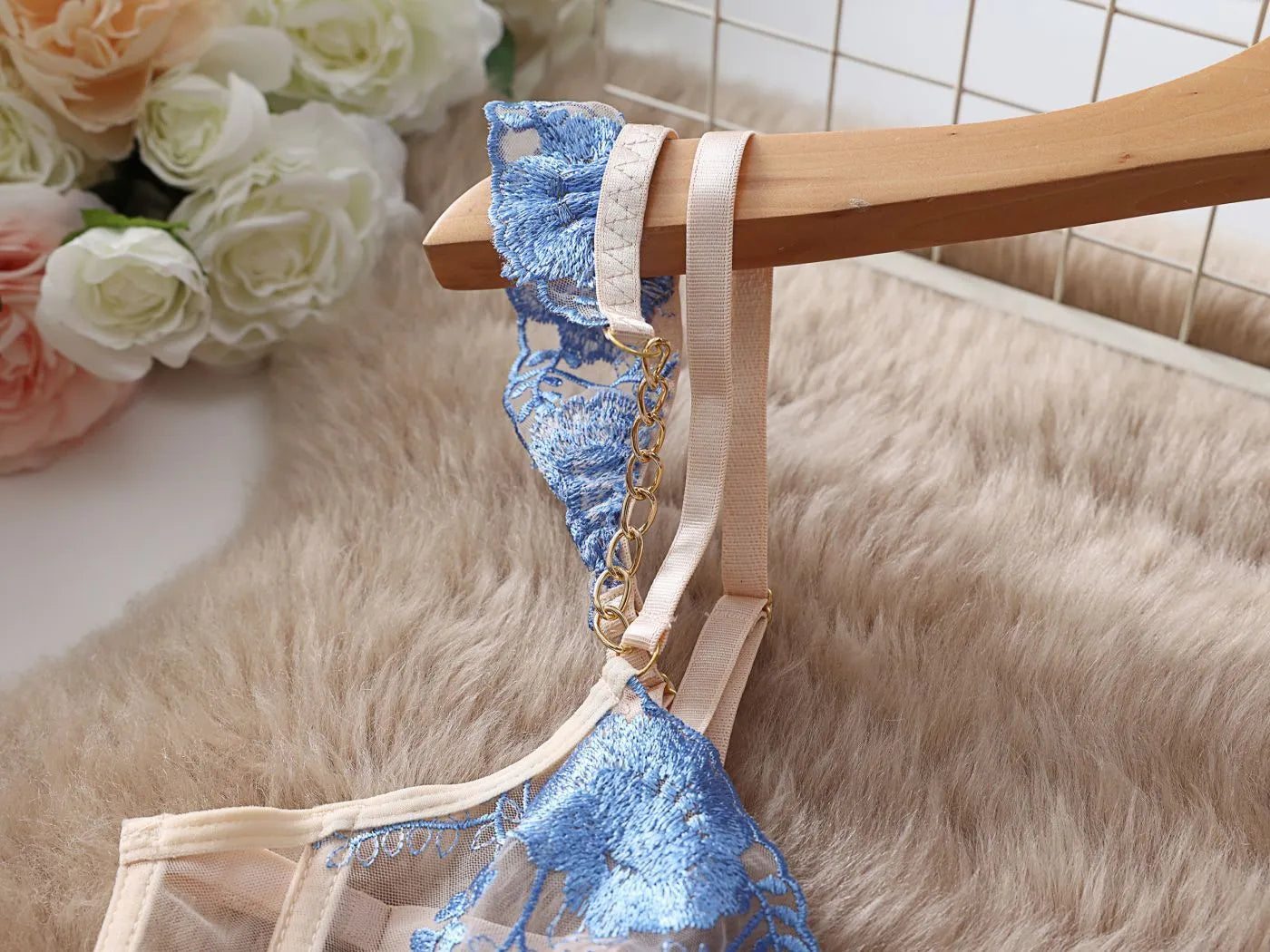 Light blue embroidered lace push up bra set with transparent mesh detailing