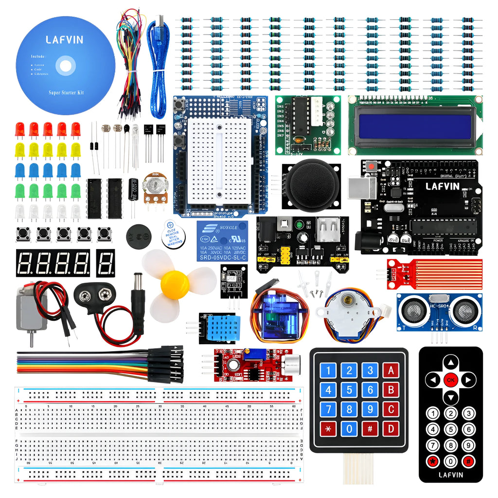 LAFVIN Arduino UNO R3 starter kit with blue board, breadboard, components, and CD