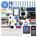 LAFVIN Arduino UNO R3 starter kit with blue board, breadboard, components, and CD