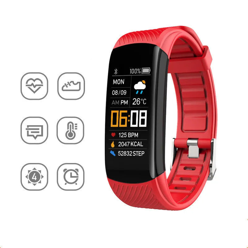 C5S model black waterproof smart fitness bracelet with 0.96-inch screen on a wrist.