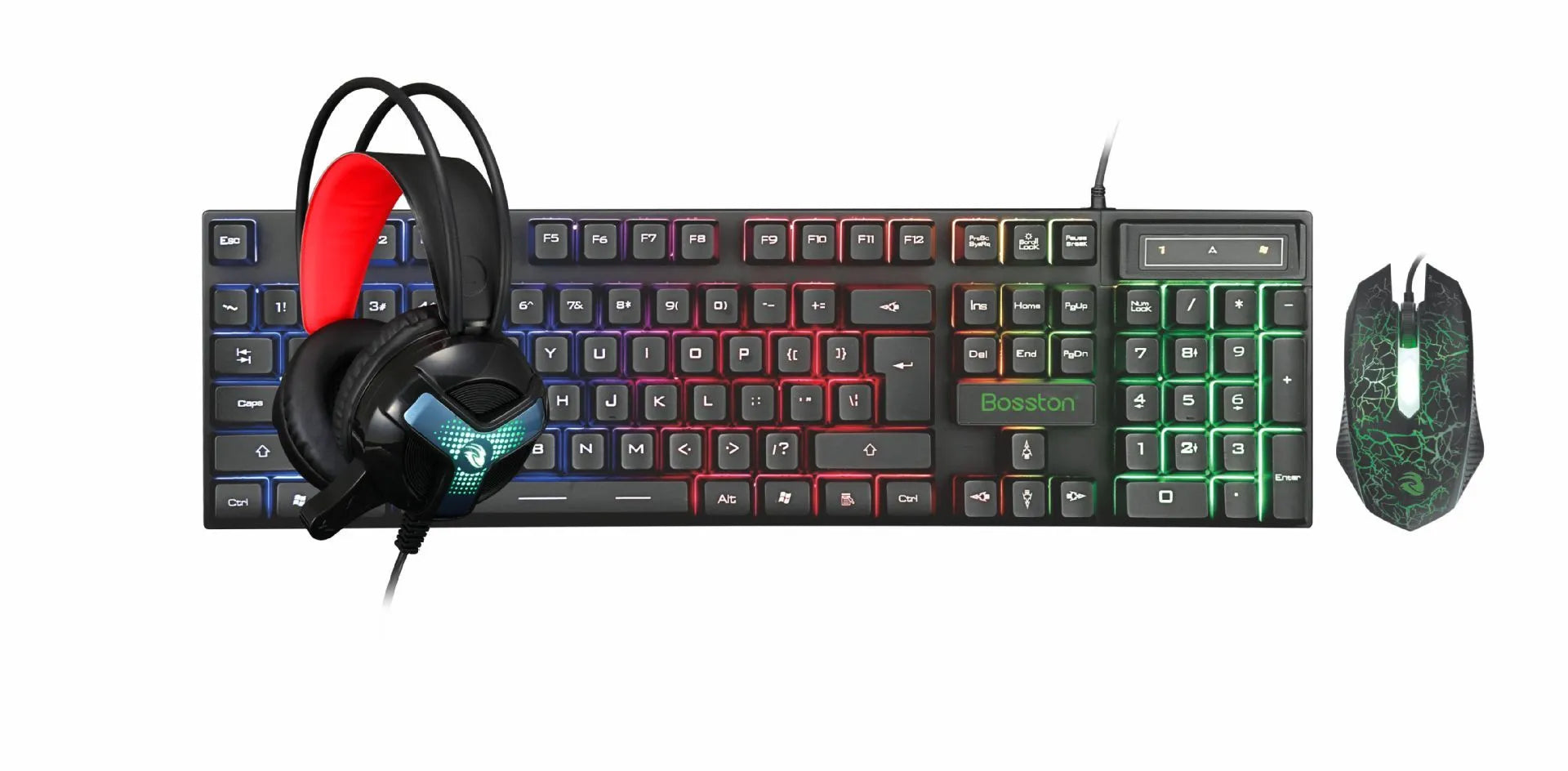 Thunder Wolf T800 gaming keyboard and mouse set with headset and mouse pad showing RGB lighting effects