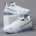 White men's casual running shoes with a rotating button closure and mesh upper on a flat rubber sole.