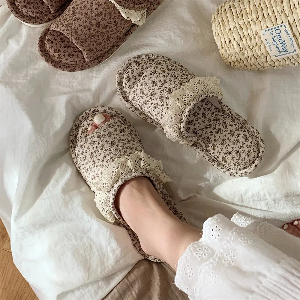 Brown Korean lace floral thickened linen slippers for women, PVC sole, indoor flip flop style