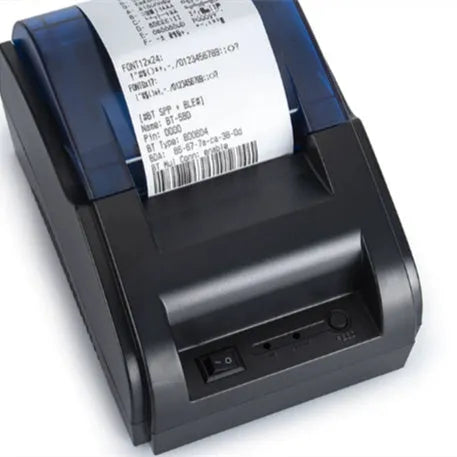Desktop Bluetooth thermosensitive receipt printer in black with paper roll loading compartment, 90mm/s speed, for supermarket and takeout use