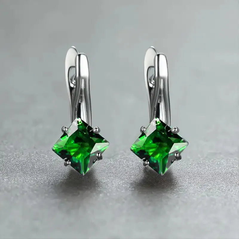 Women's copper earrings with diamond design featuring inlaid zircon elements in blue, colour, and green options