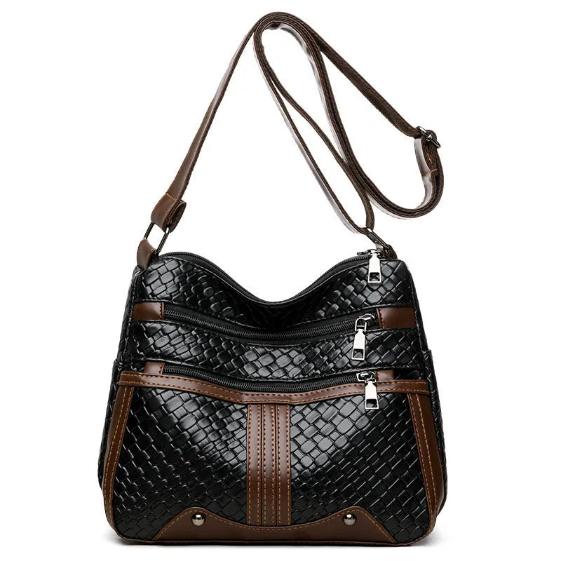 Woven PU leather messenger bag with horizontal square design and multiple compartments