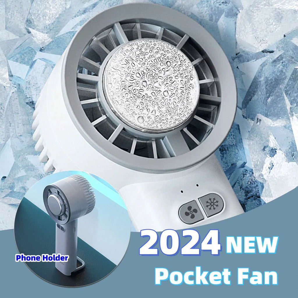 White handheld turbo jet fan with ice cold function showing three blade design and touch controls