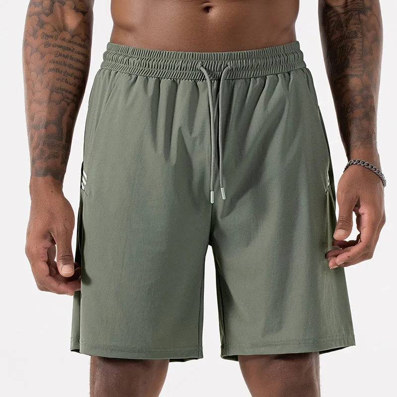Men's black Ice Silk sports shorts with elastic high waist and straight cropped leg.