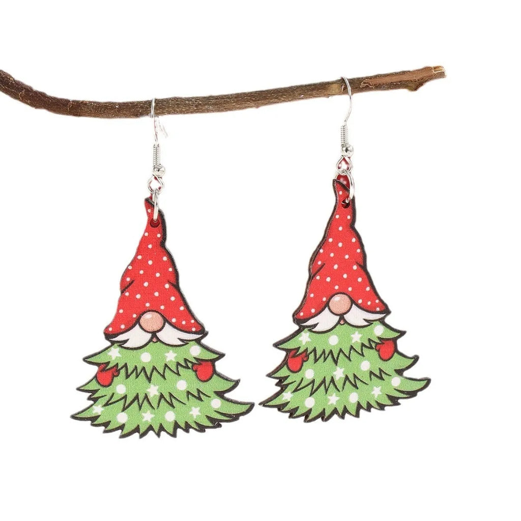 Wooden Christmas earrings with printed Santa Claus and geometric designs in Christmas tree and snowman styles