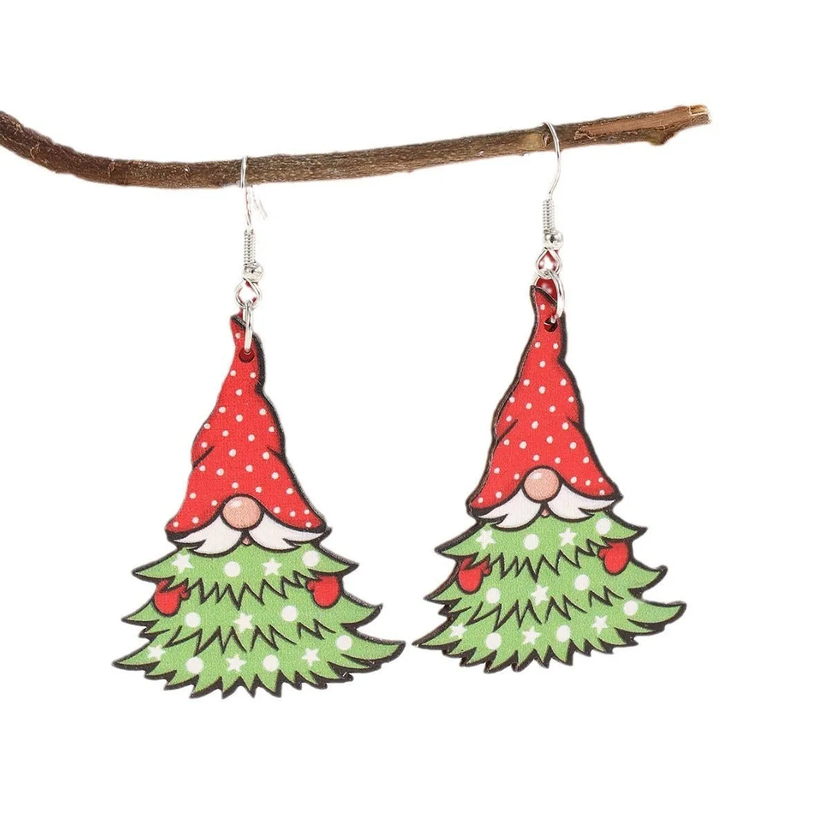 Wooden Christmas earrings with printed Santa Claus and geometric designs in Christmas tree and snowman styles