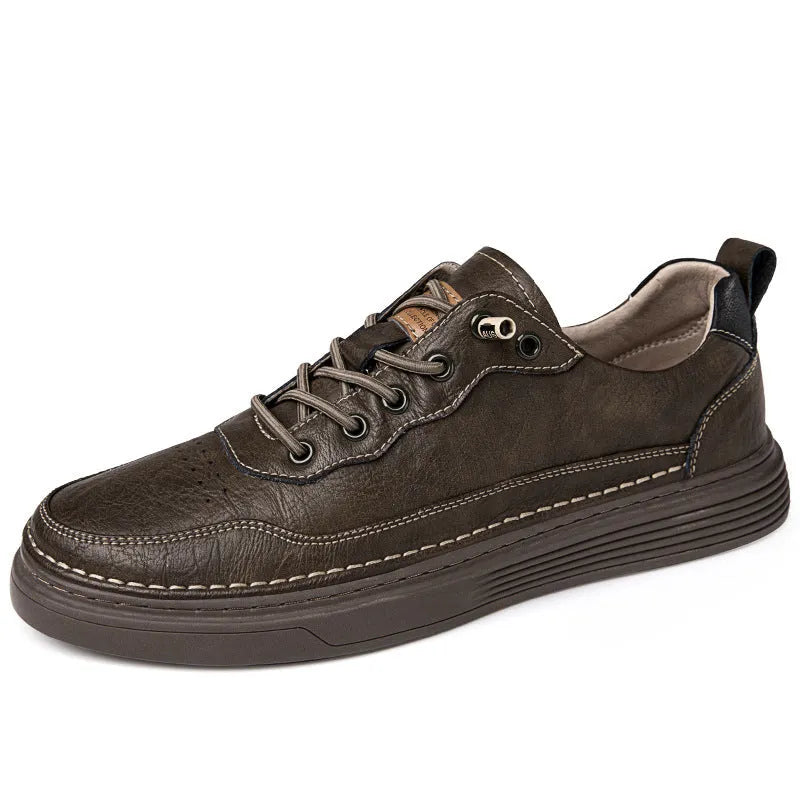 Low-top cowhide flat shoes in black, beige, and khaki for outdoor mountaineering