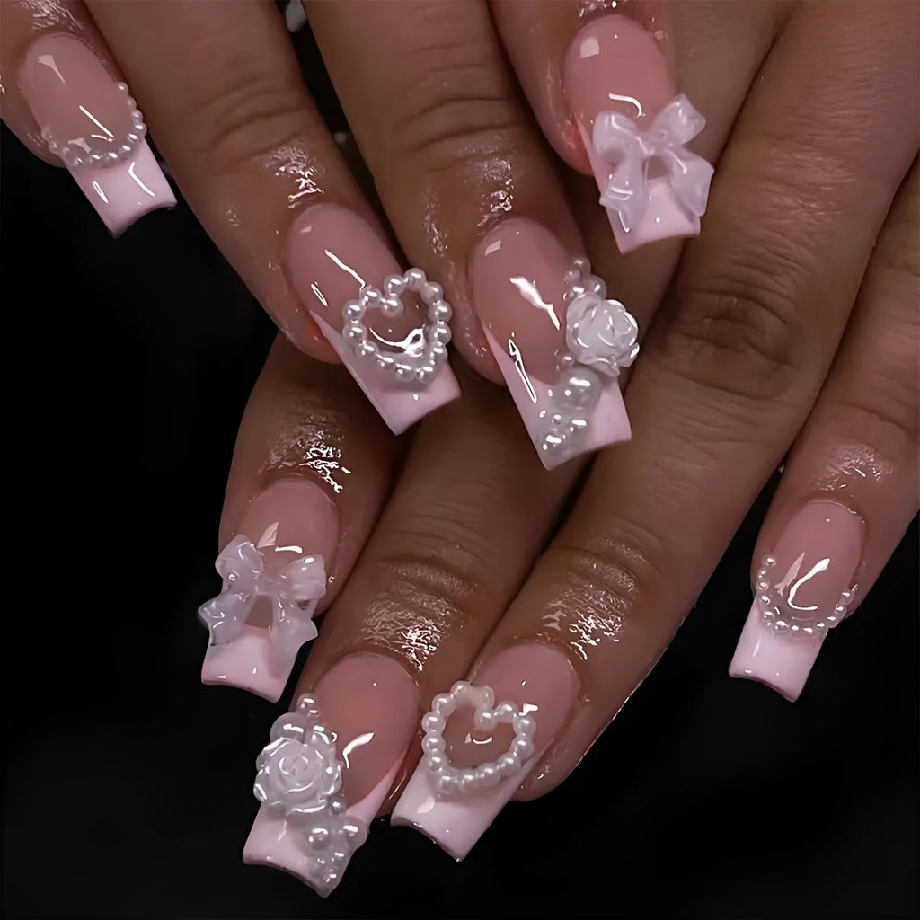 French style fake nail stickers with love pattern and pearl details in XD93 colour