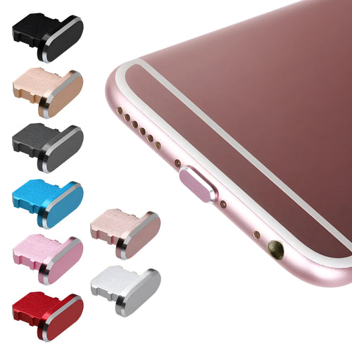 Aluminium alloy charging port dust plug for iPhone in various metallic colours including gold and rose gold.