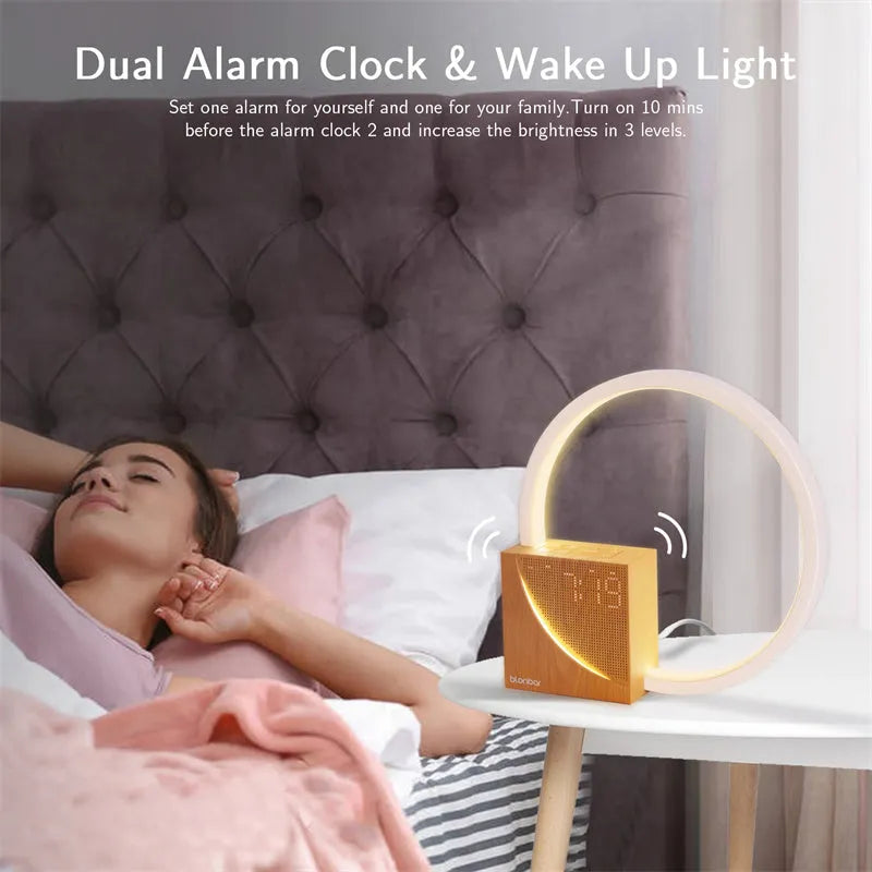 Navy blue touch bedside lamp with digital alarm clock display and natural sounds functions