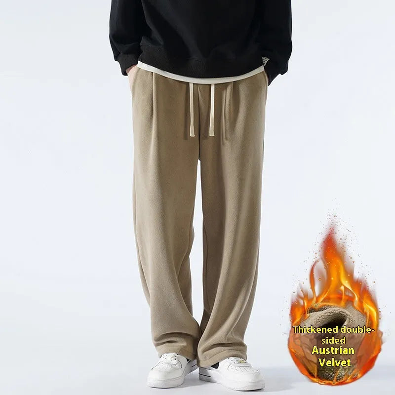 Men's double-sided polar fleece-lined winter sports trousers in Korean-style loose fit with drawstring waist