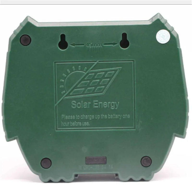 Green solar-powered ultrasonic animal repeller with motion sensor for outdoor pest control