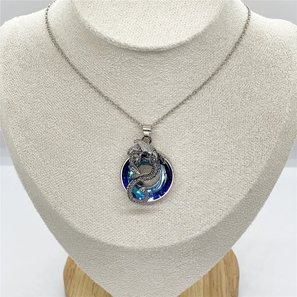 Hollow crystal ring flying dragon alloy necklace and earrings set with O-ring chain