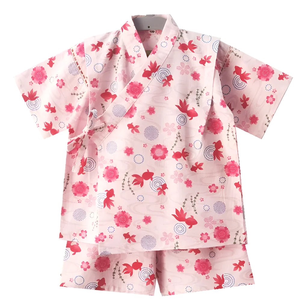 Cotton cherry blossom short sleeve home suit in pink with matching parent and child sizes 90cm to 185cm