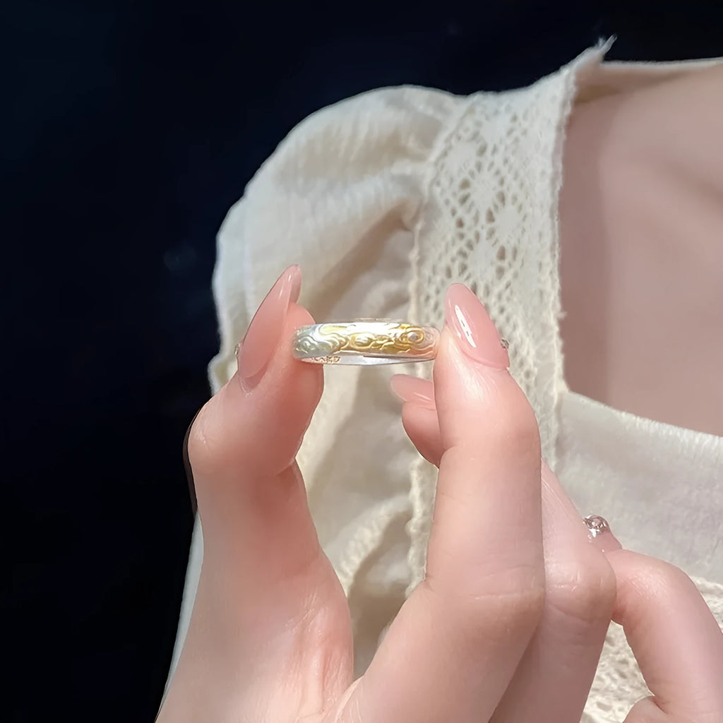 White copper geometric ring with Xiangyun pattern in silver and gold electroplated finish, open mouth adjustable design