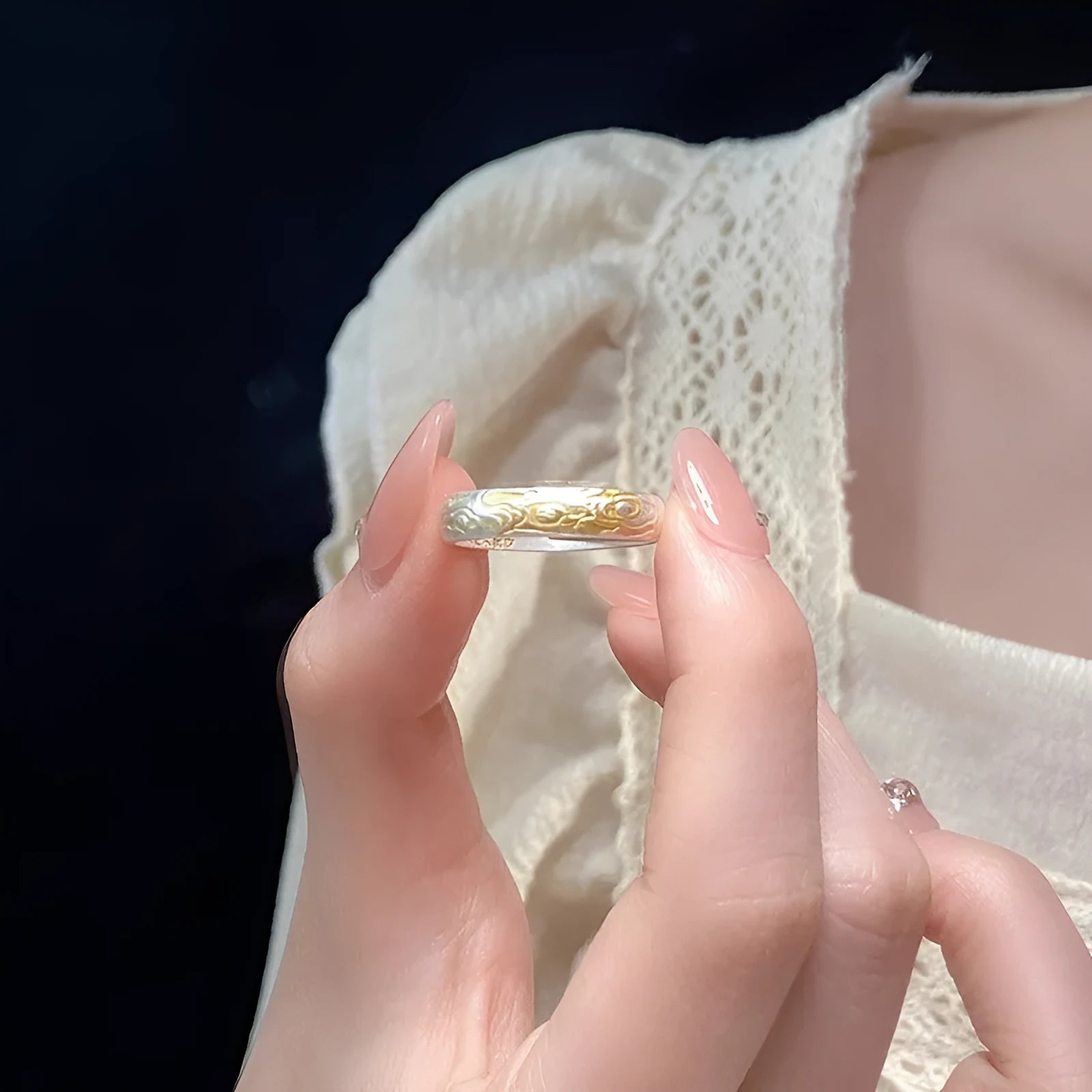 White copper geometric ring with Xiangyun pattern in silver and gold electroplated finish, open mouth adjustable design