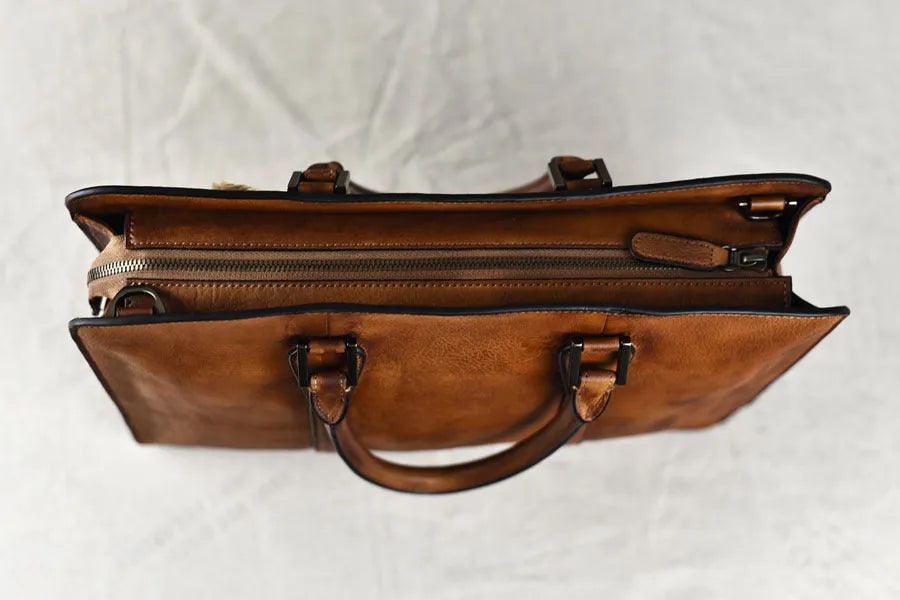 Men's 14 inch horizontal square leather handbag in business style with zipper