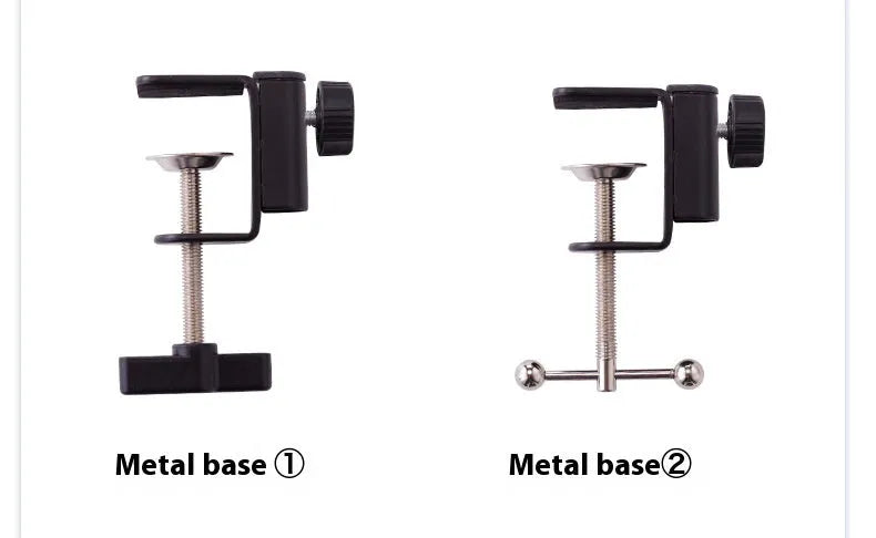 Black foldable metal desktop cantilever bracket holding a tablet, showing its adjustable arm and clip.