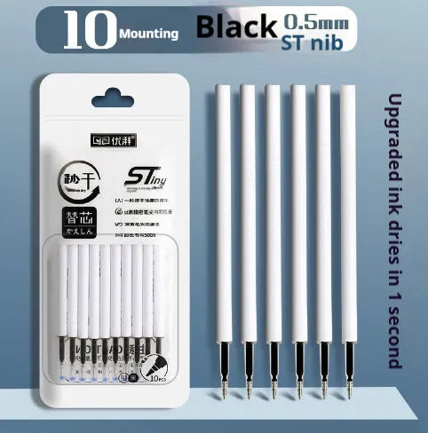 A pack of 10 quick-drying pen refills in black, red, blue, and ink blue colours.