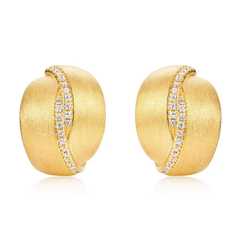 Frosted brushed geometric ear studs in 925 silver with 10k gold swimming paint finish, gold colour, pair of women's earrings