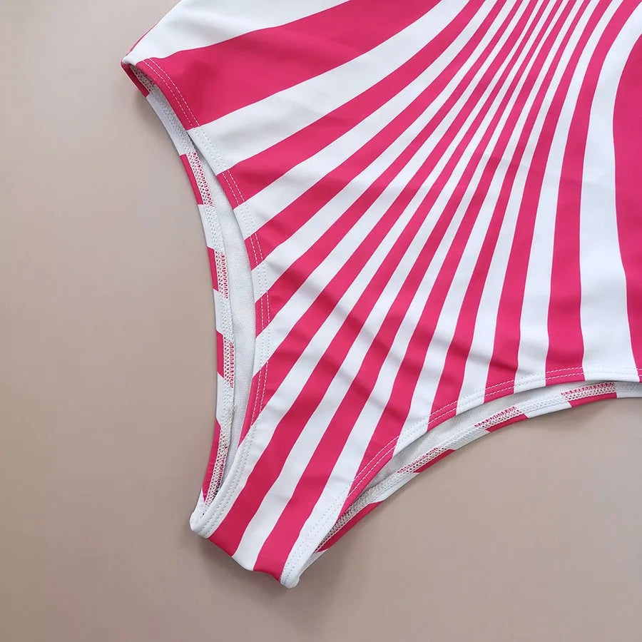 Front and rear view of a pink striped one-piece swimsuit for women on a mannequin