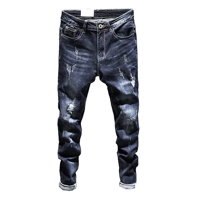 Slim-fitting men's skinny jeans in dark blue and light blue cotton denim with micro elasticity.