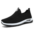 Men's black and grey breathable casual shoes with mesh lining, round toe, and PVC sole.