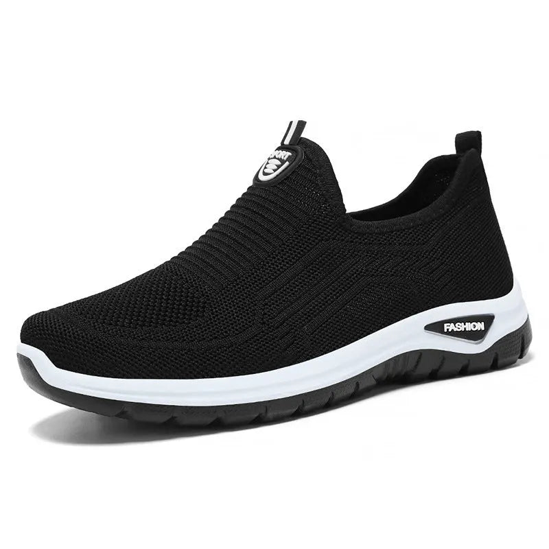 Men's black and grey breathable casual shoes with mesh lining, round toe, and PVC sole.