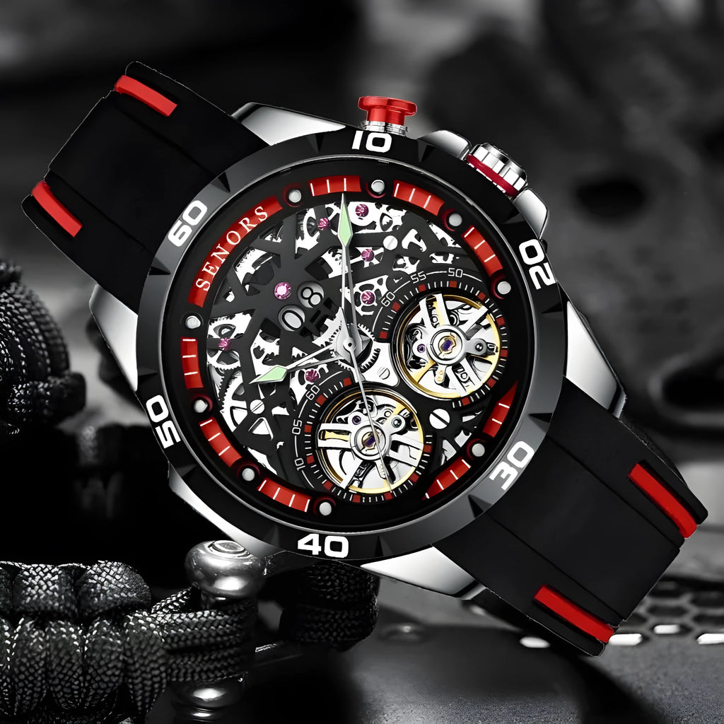 Automatic mechanical men's watch with a skeleton dial and luminous hands in blue on a wrist.