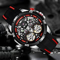 Automatic mechanical men's watch with a skeleton dial and luminous hands in blue on a wrist.